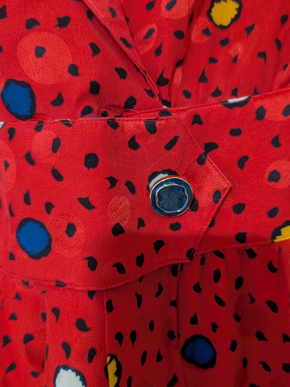 Francesca's Collections Red Polka Dot Midi Dress with Blue and Yellow Accents